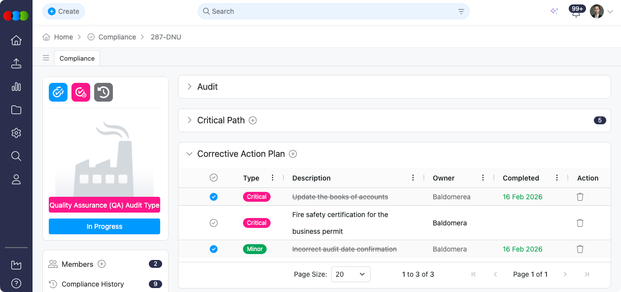 Compliance corrective action plan section