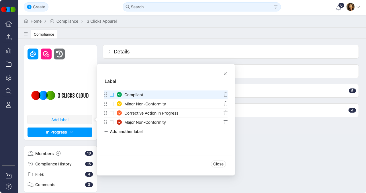 Compliance Label section showing label list