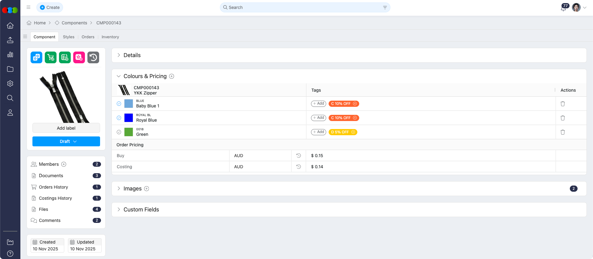 Component > Colours & Pricing View