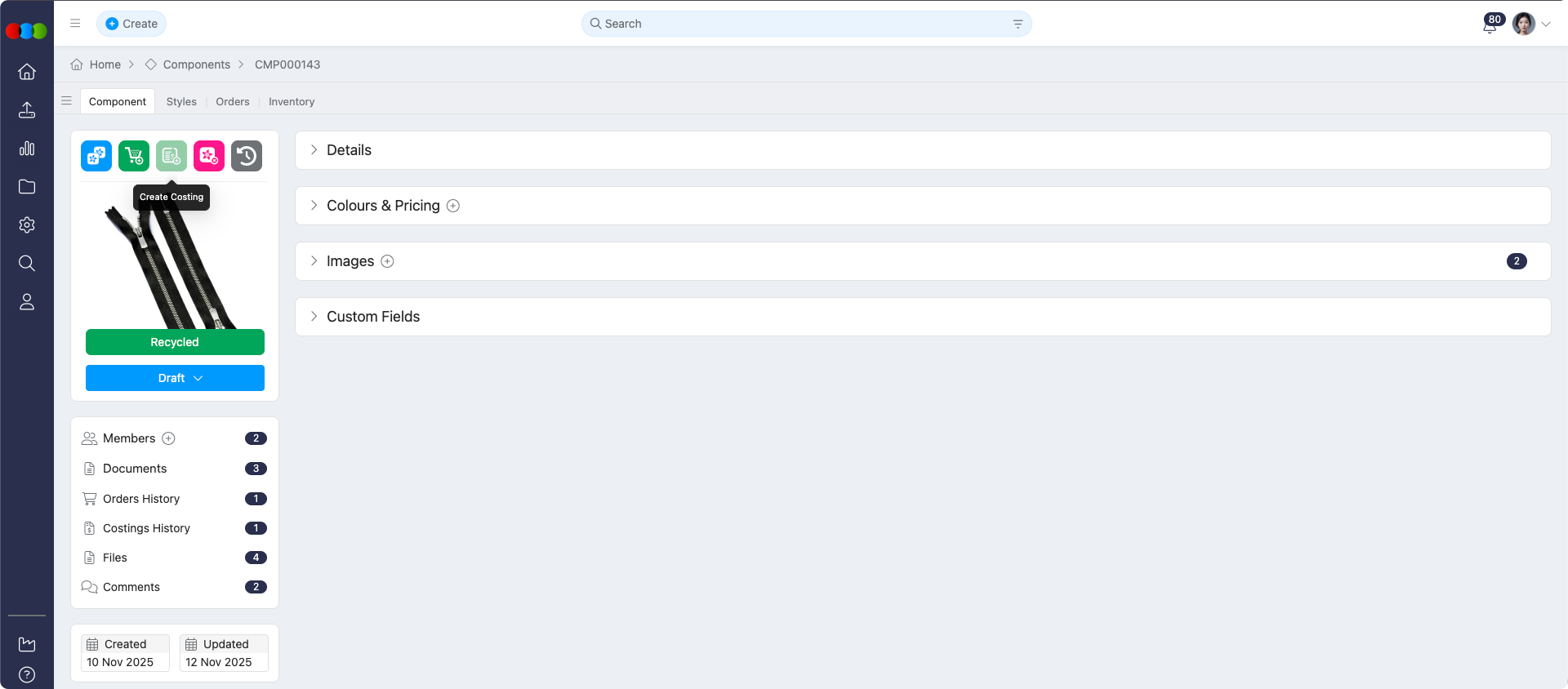 Component Create Costing