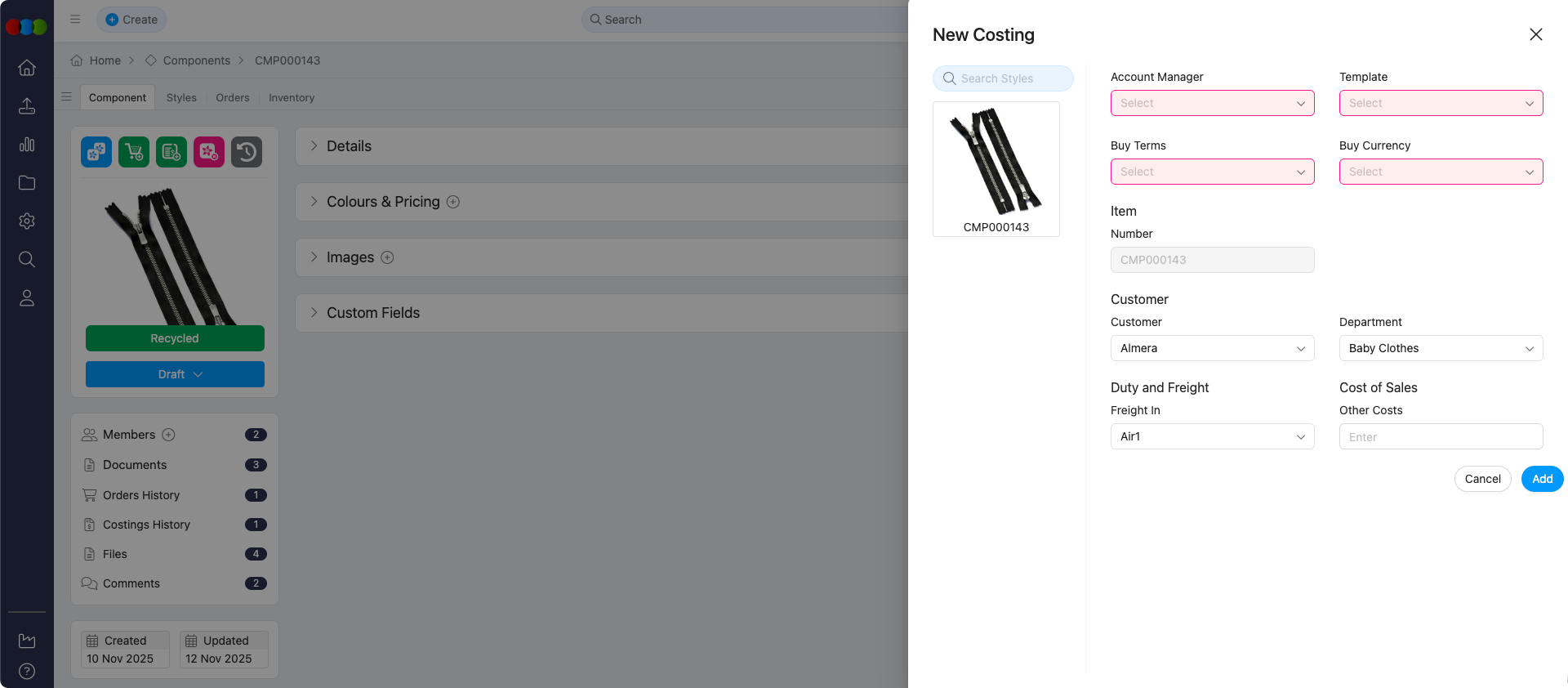 Component Create Costing Pop-up