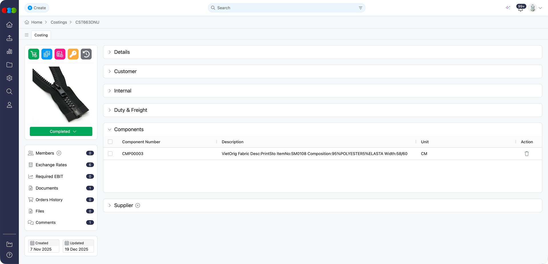 Costing Component Components Section