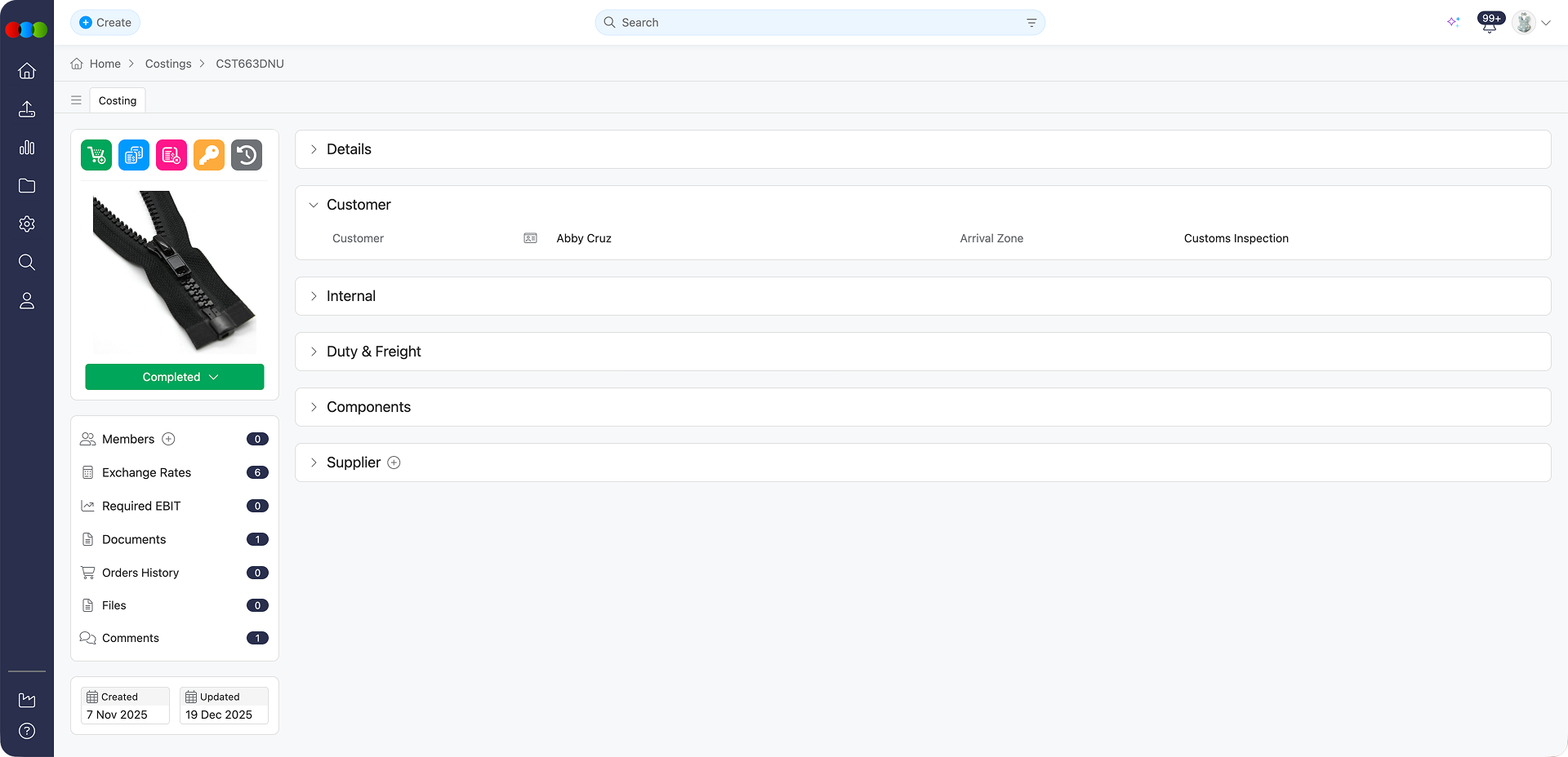 Costing Component Customer Section