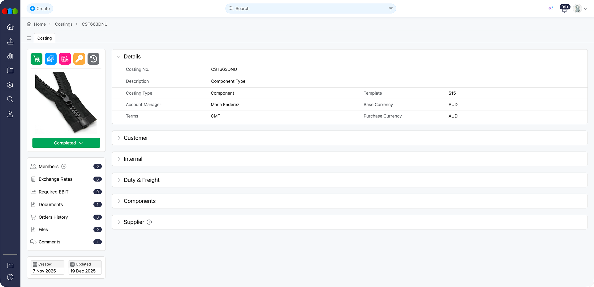 Costing Component Details Section