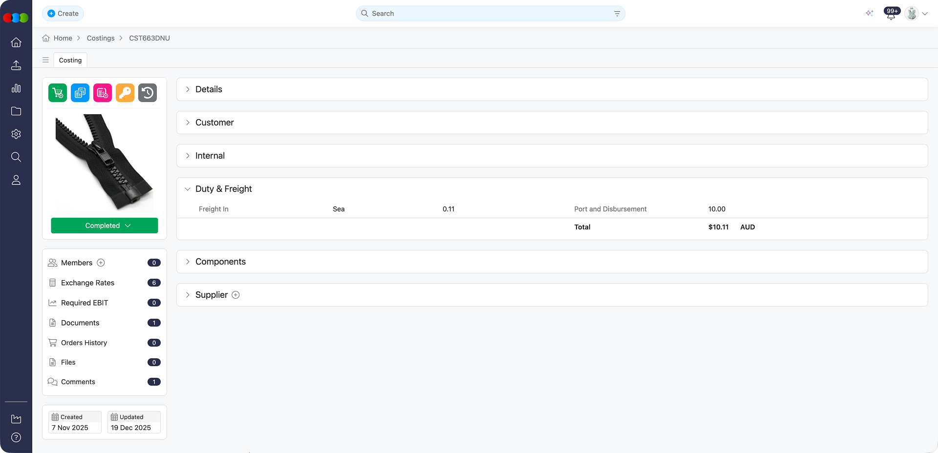 Costing Component Duty & Freight Section