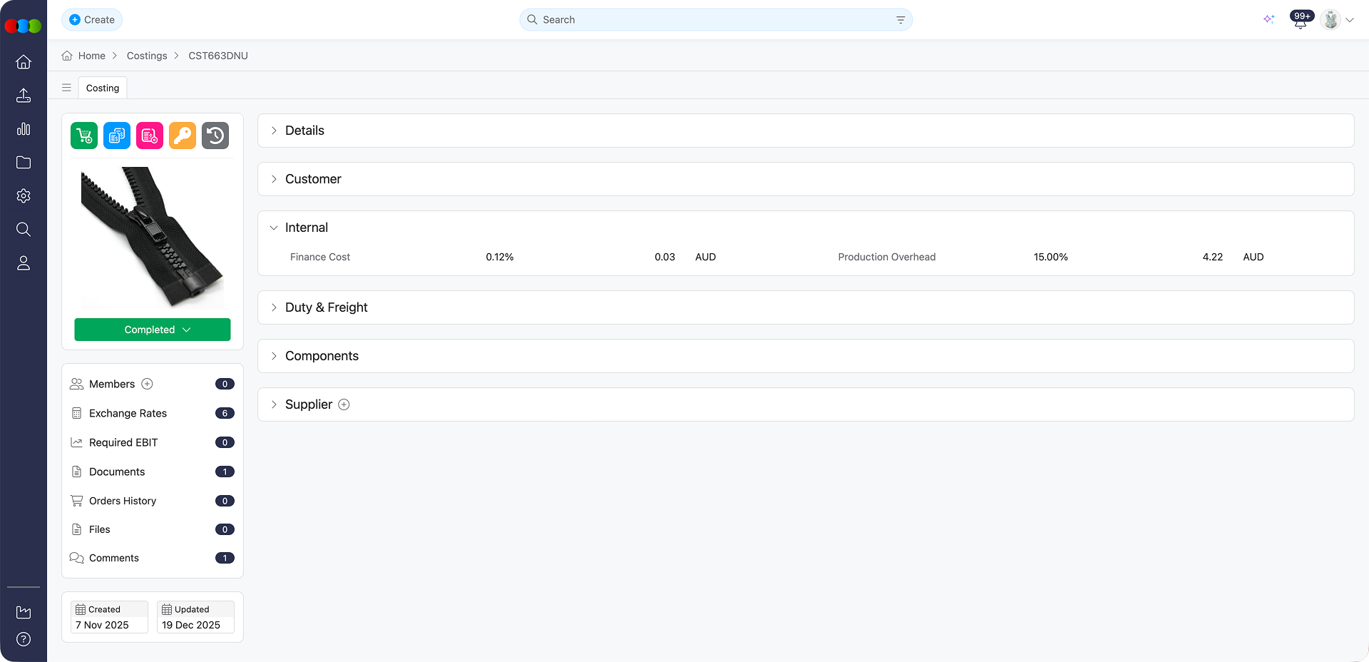 Costing Component Internal Section