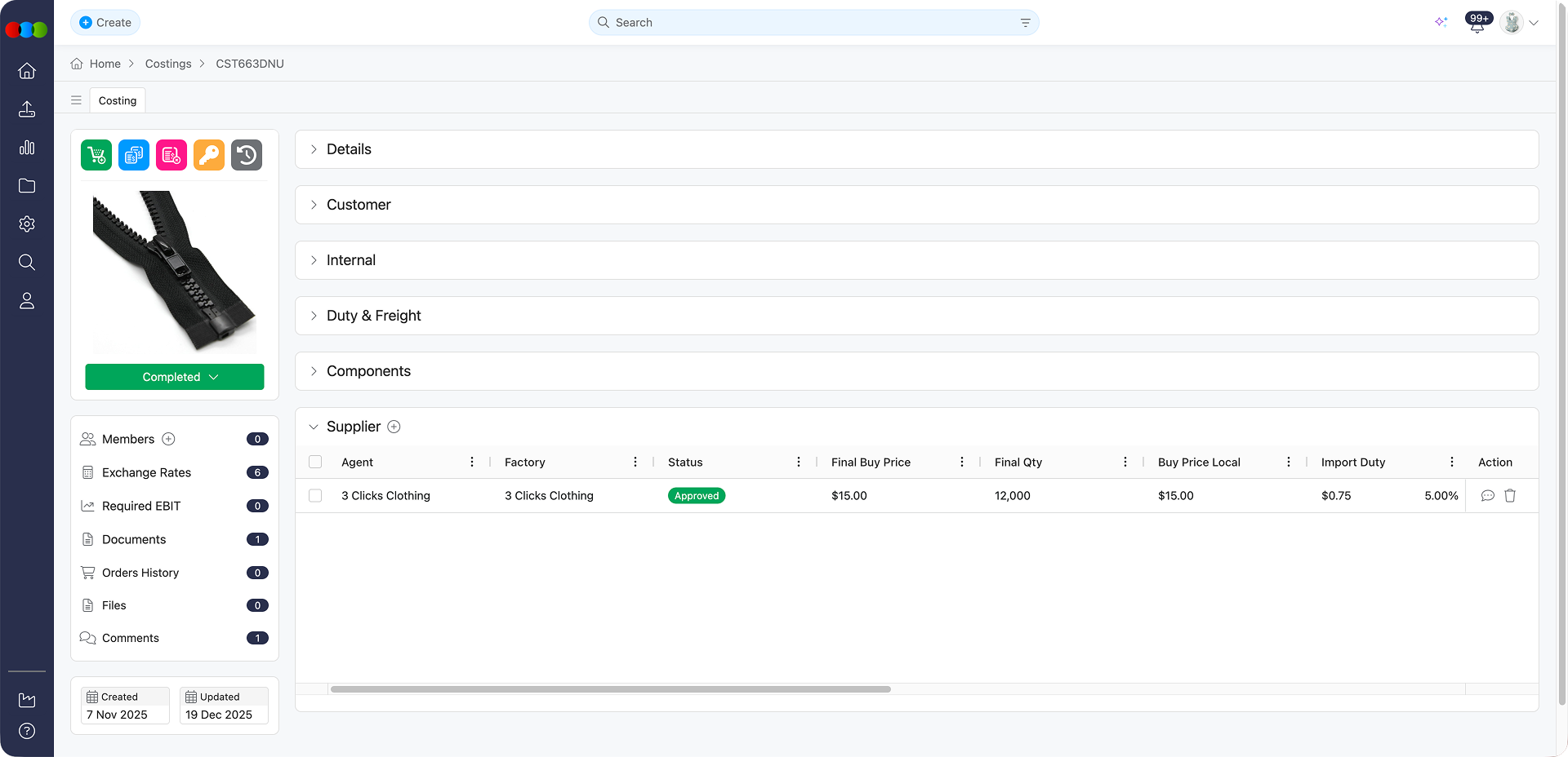 Costing Component Supplier Section