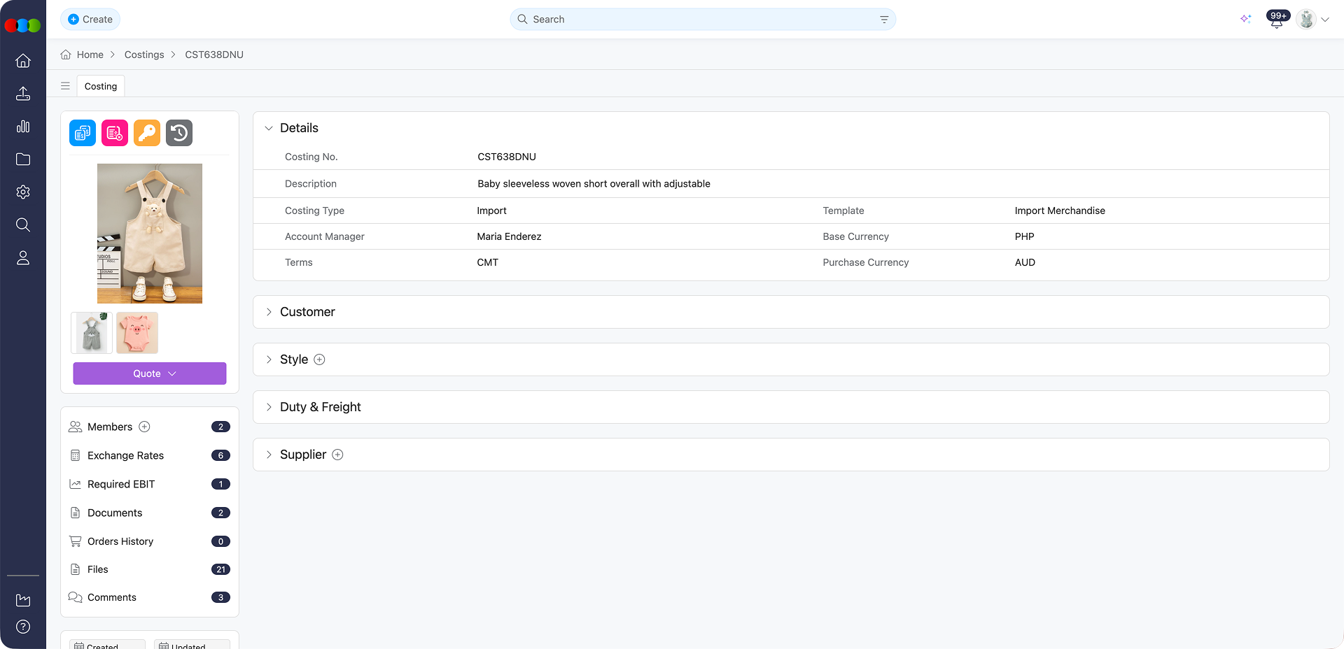 Costing Import Details Section