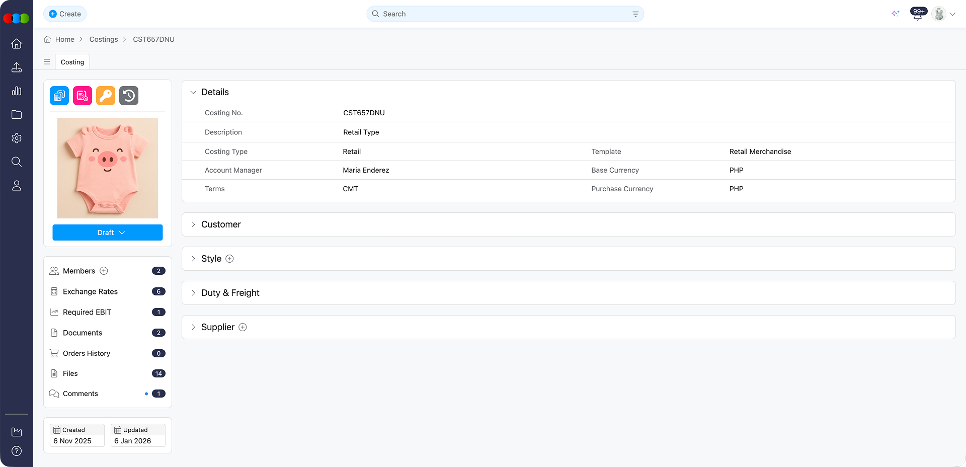 Costing Retail Details Section