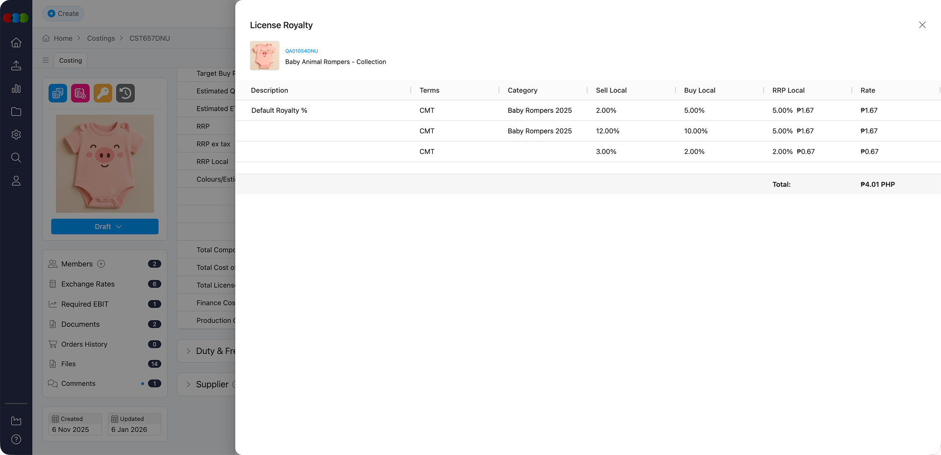 Costing Retail Total License Royalty Section
