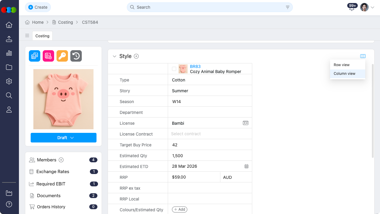 Costing > Style > Column View