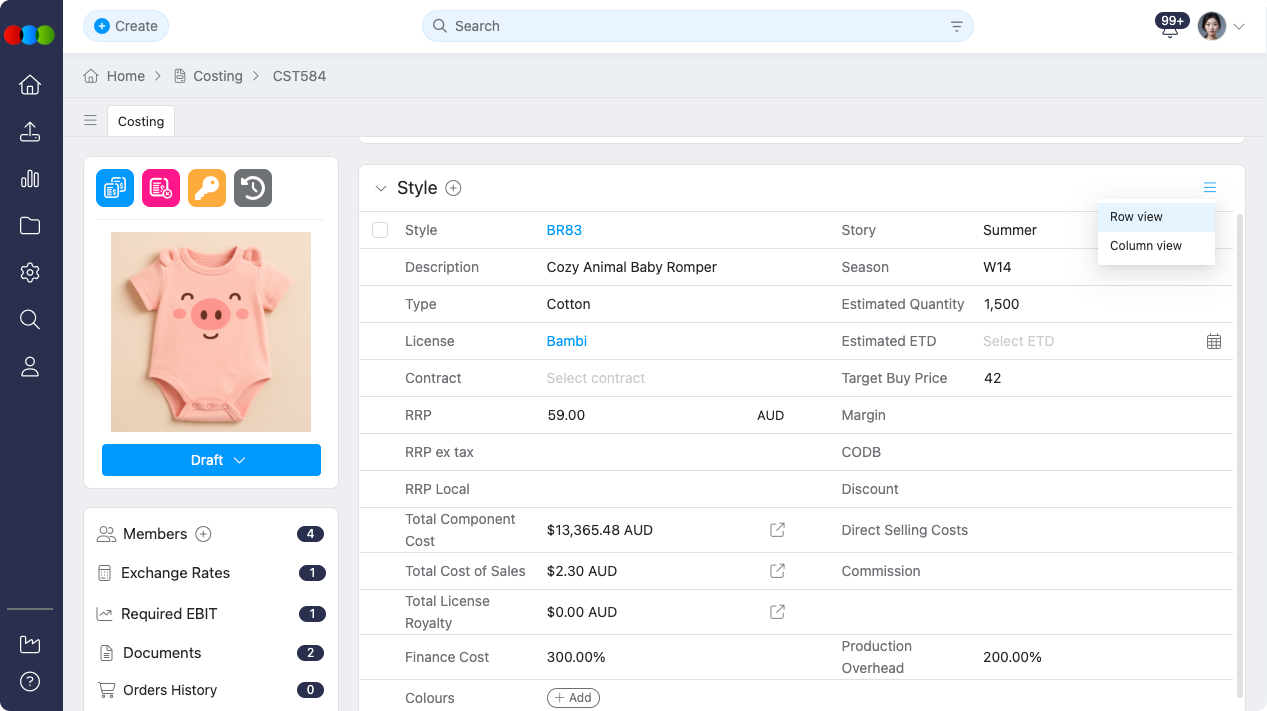 Costing > Style > Row View