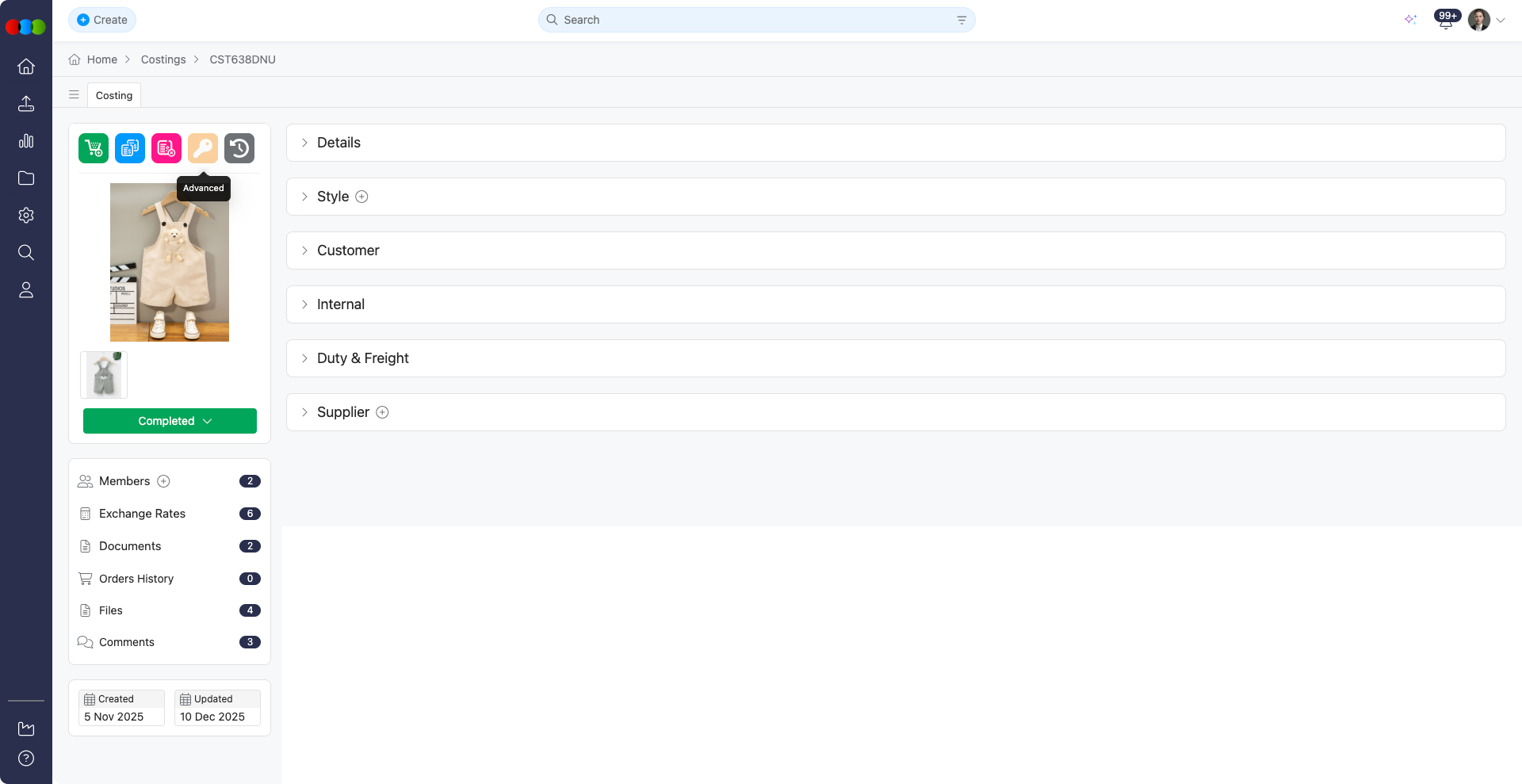 Advanced Costing Details