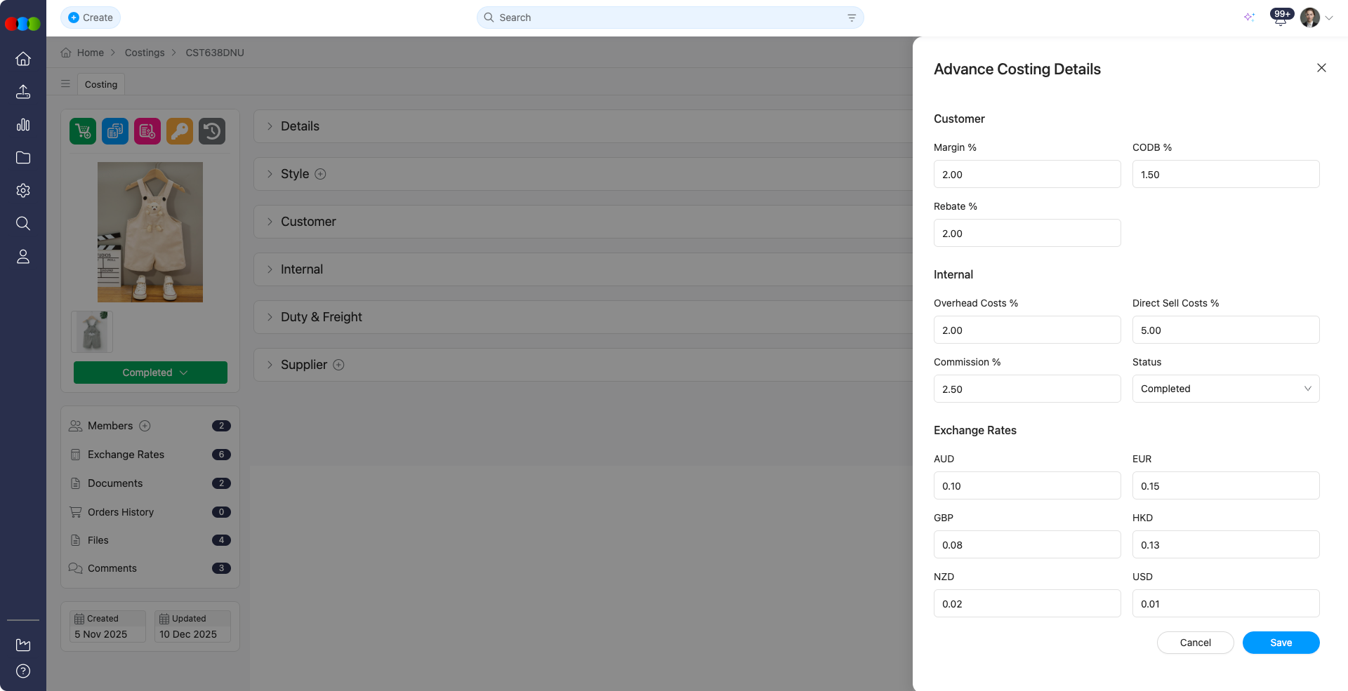 Advanced Costing Pop-up