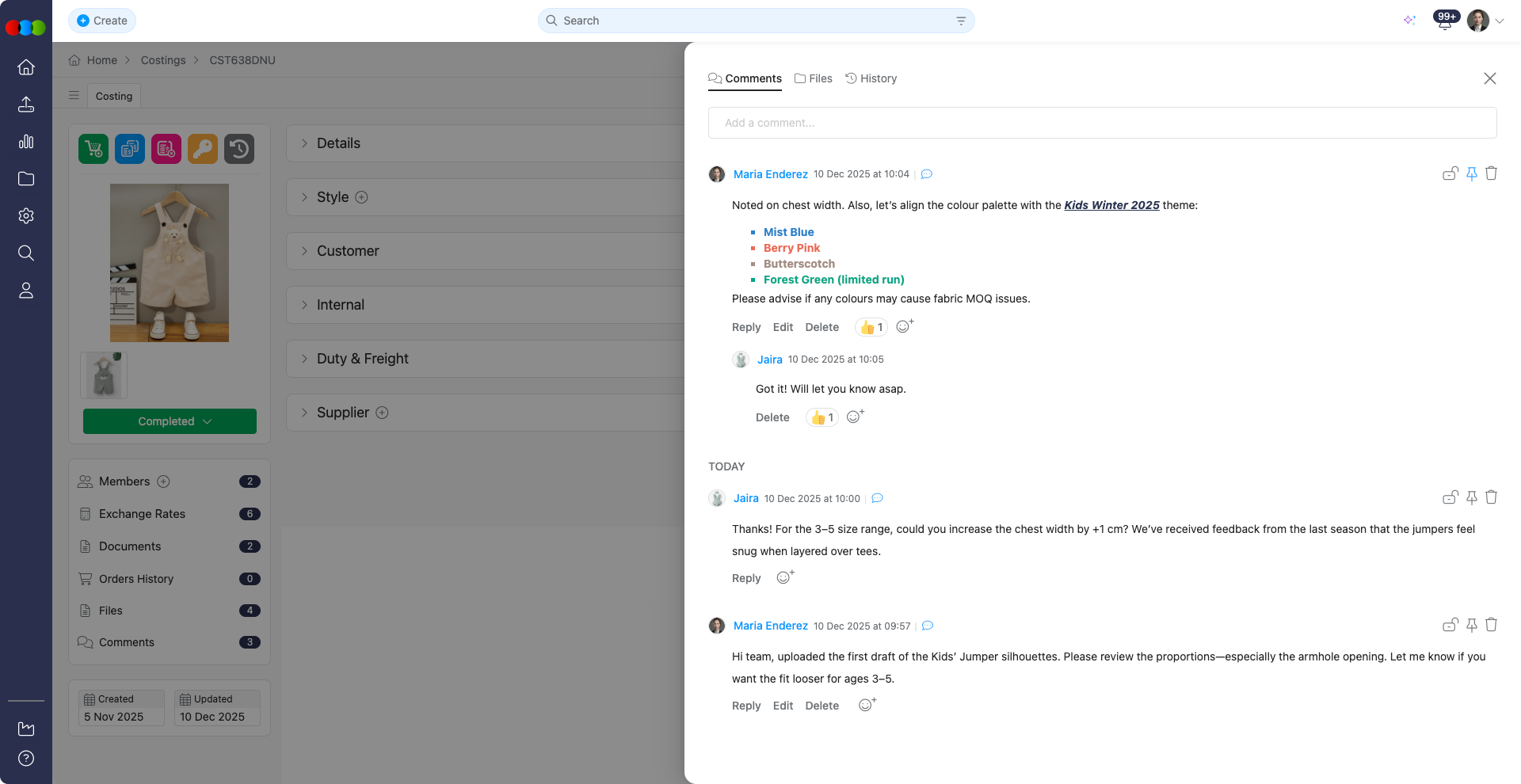 Costing Comments Pop-up
