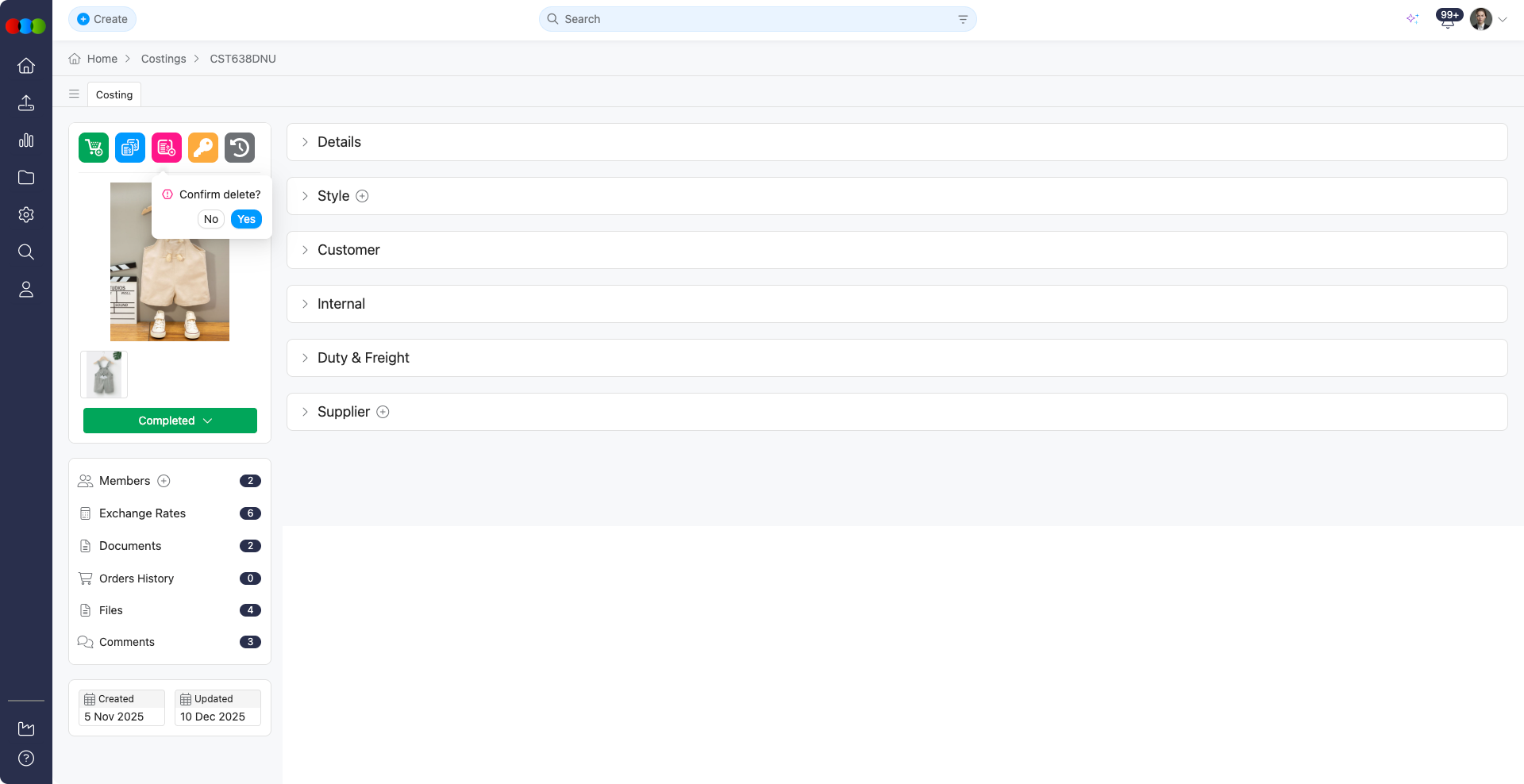 Delete Costing Confirmation