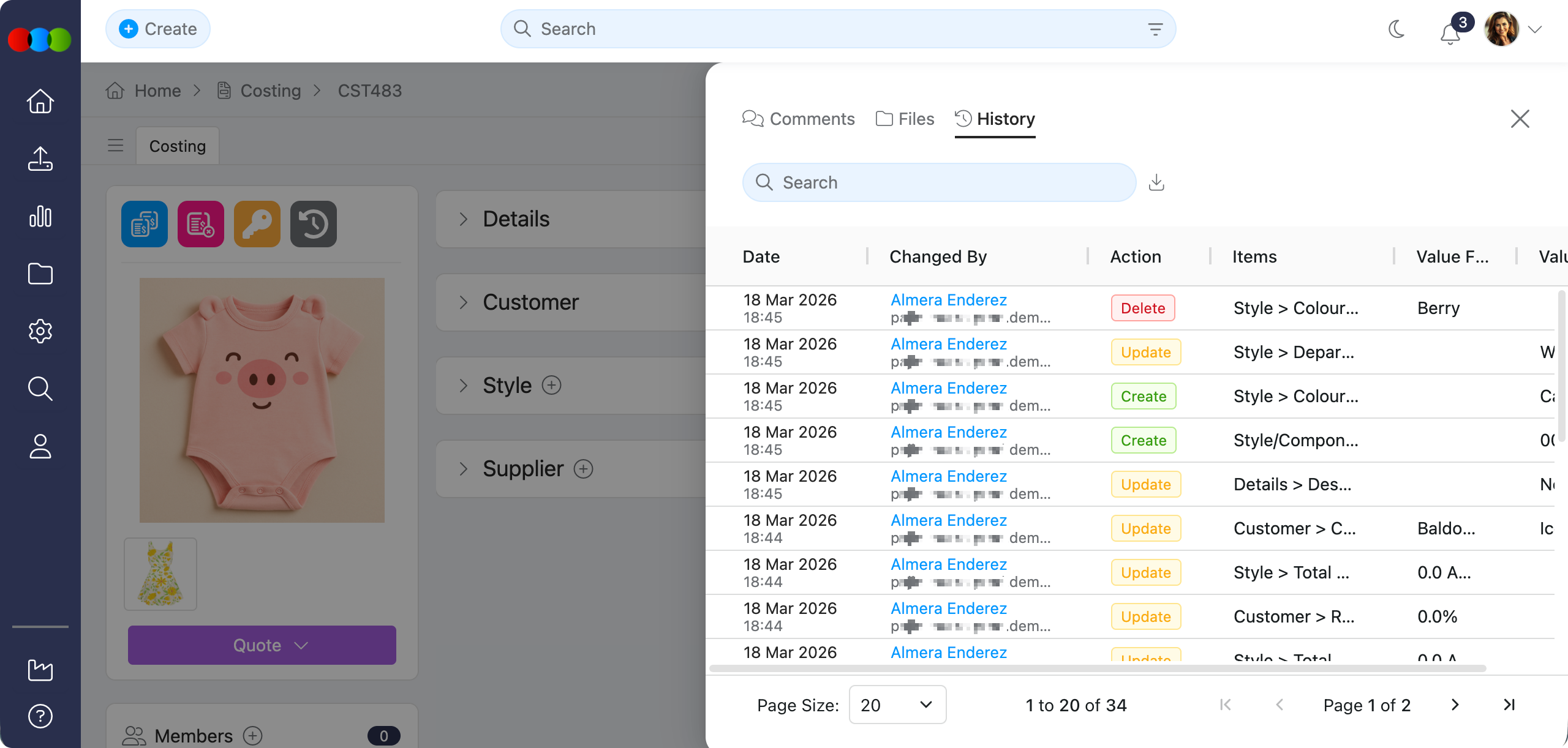 Costing History Pop-up