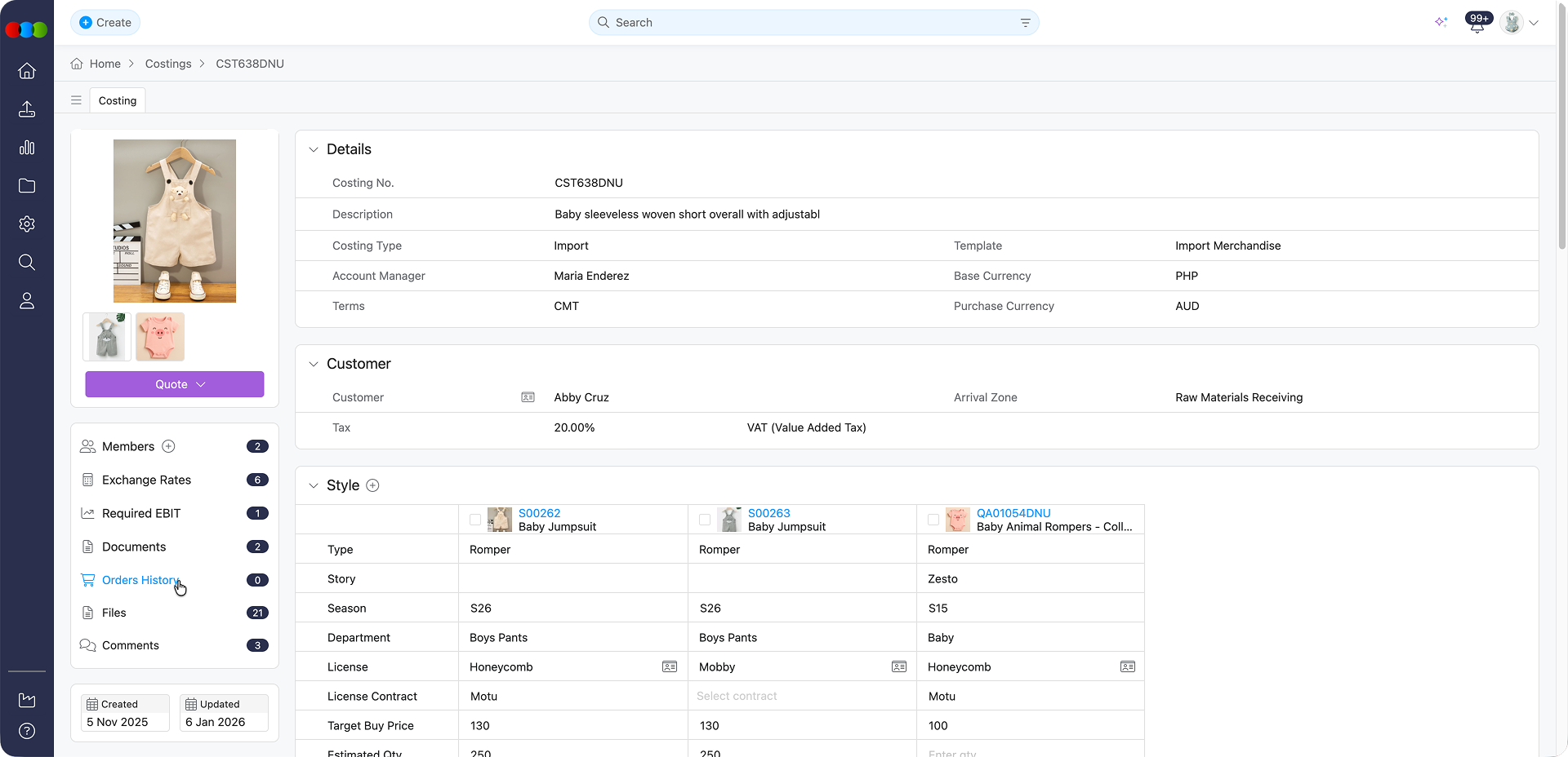 Costing Order History