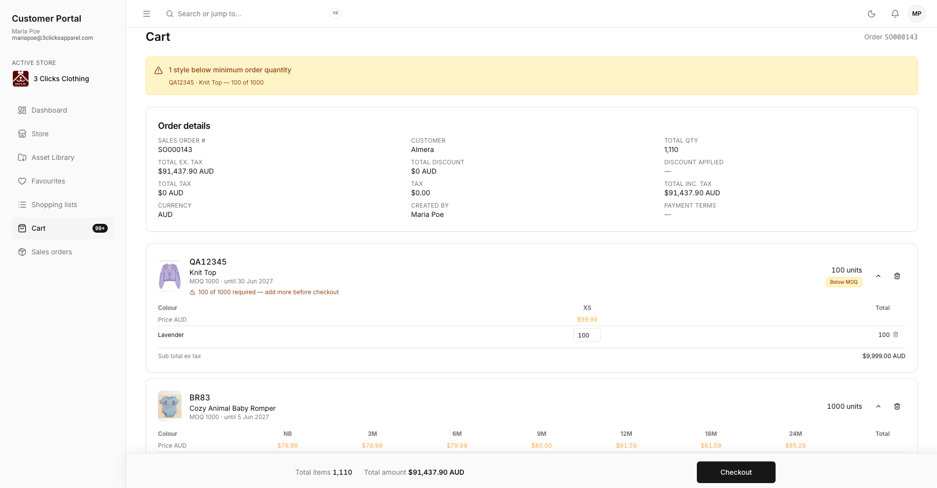 Customer Portal Cart With Orders