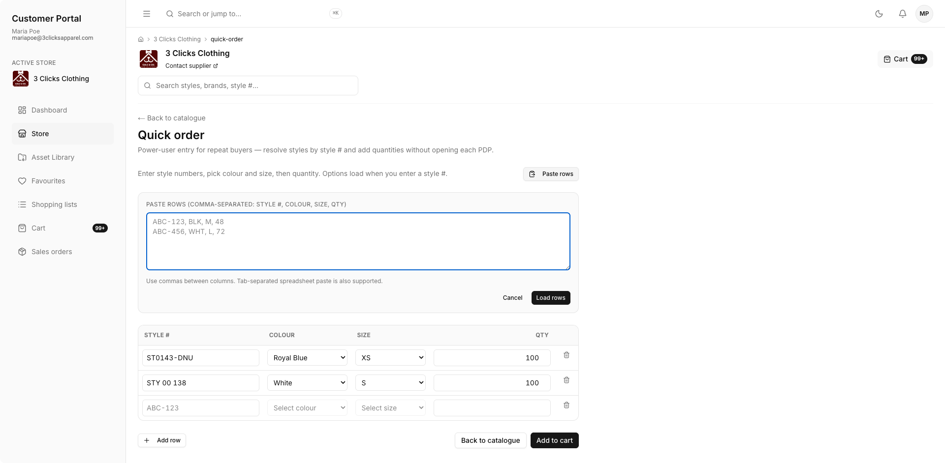 Customer Portal Quick Order Paste Rows