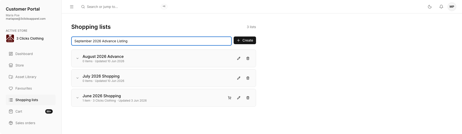 Customer Portal Shopping Lists Add
