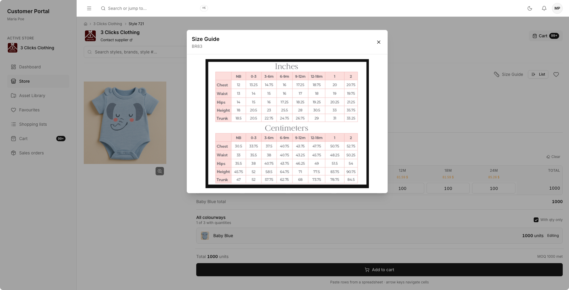 Customer Portal Store Style Size Guide