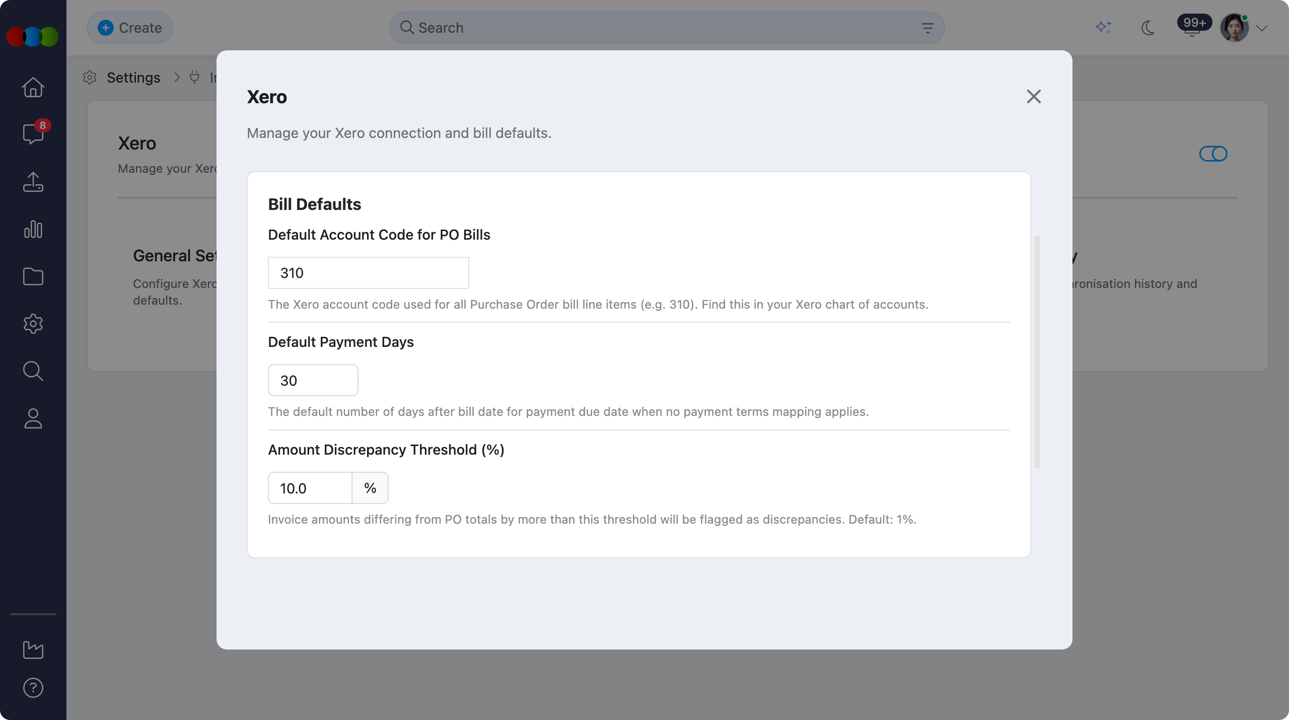 Xero > General Settings > Bill Defaults