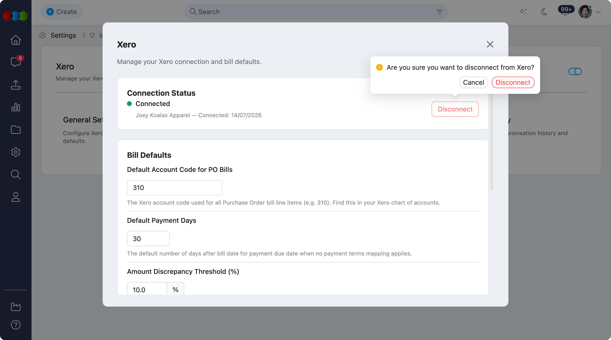 Xero > General Settings > Disconnect