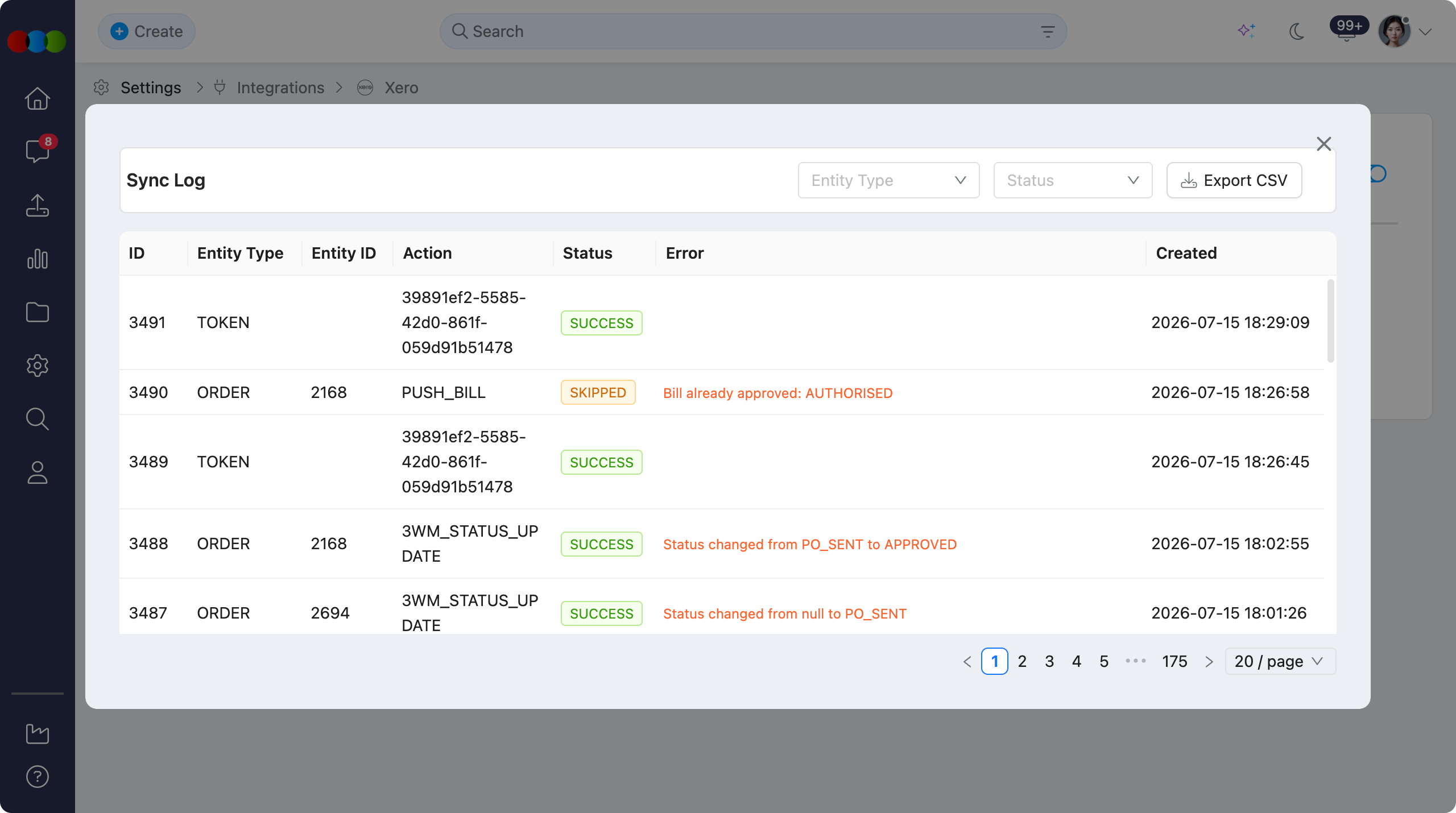 Xero > Sync Activity