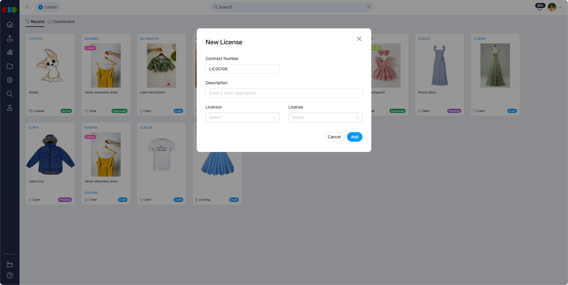 Create License button and dropdown
