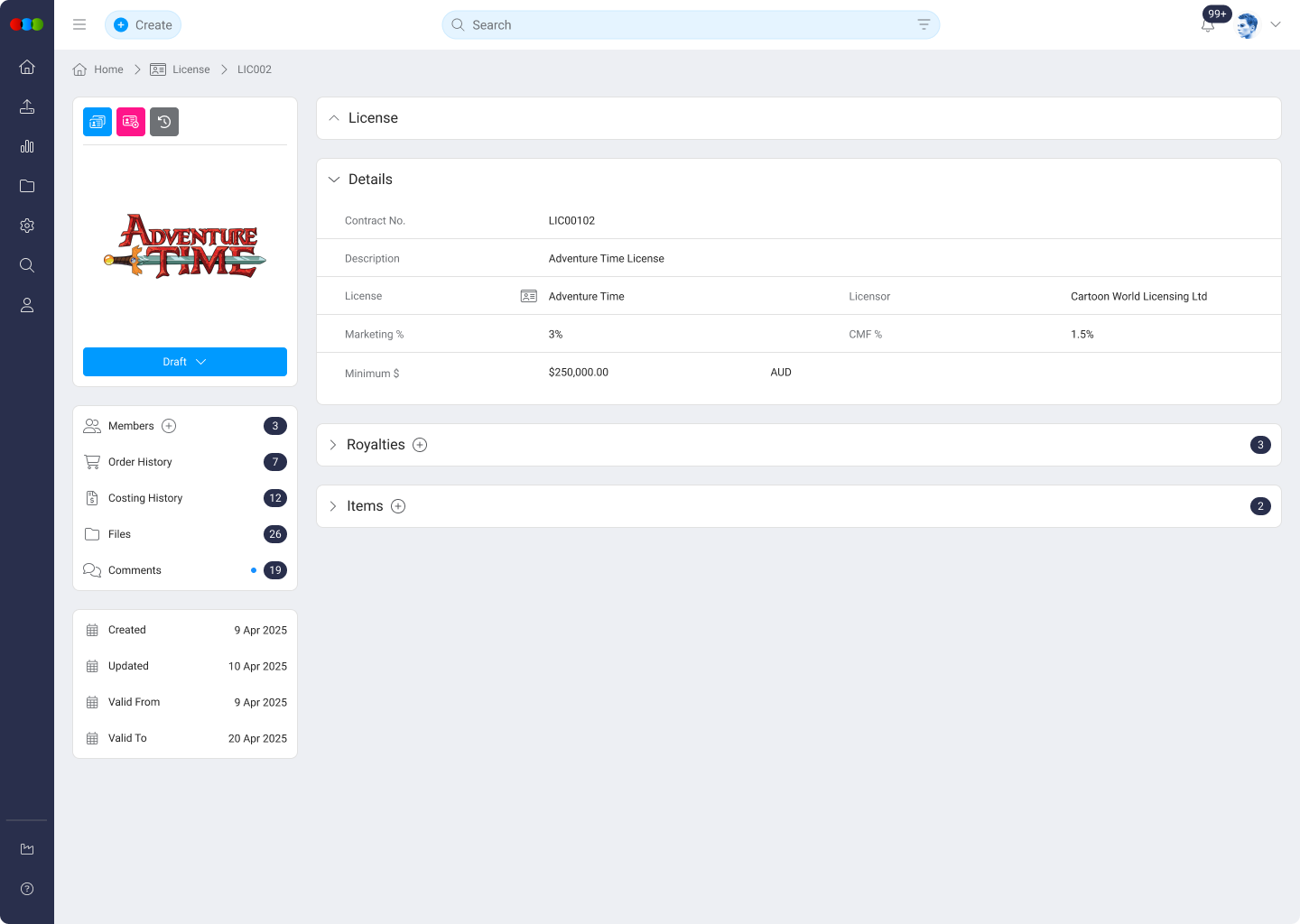 License Details screen