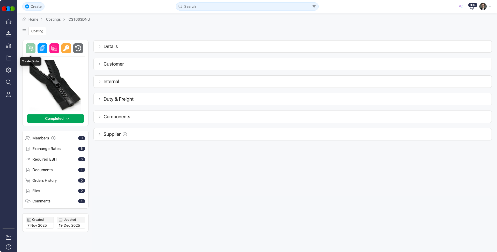Order Create > Costing