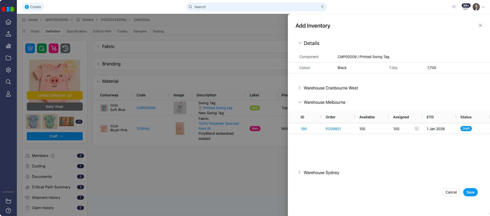 Order > Definition > Add Inventory