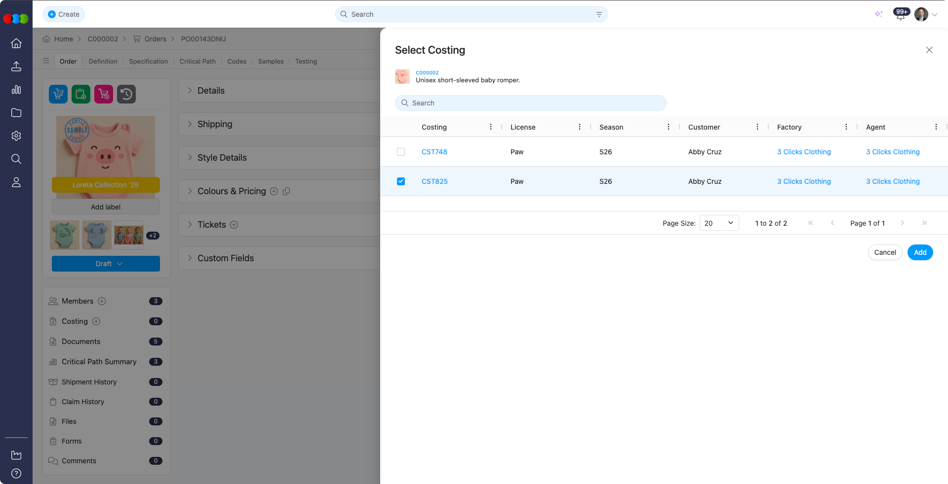 Select Costing Pop-up