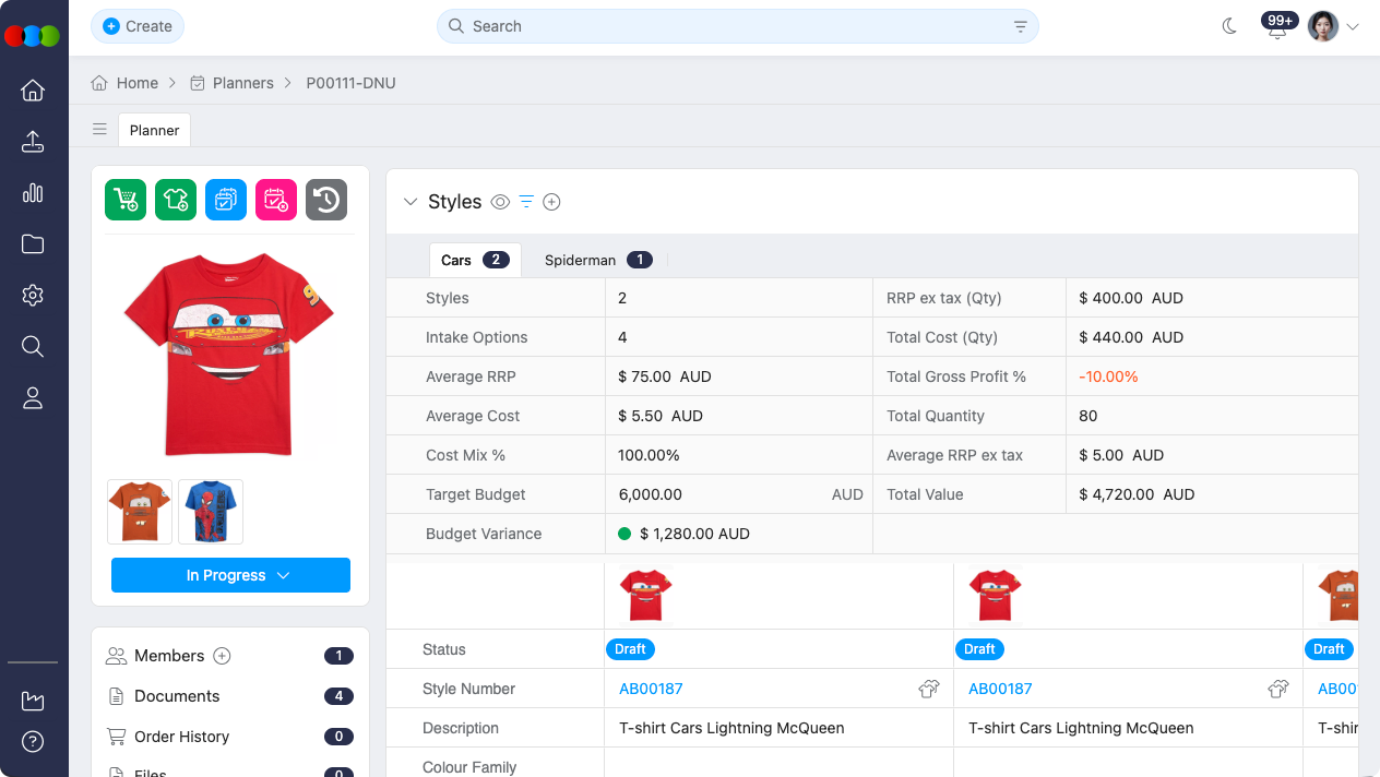 Planner > Styles > Group > Target Budget Variance