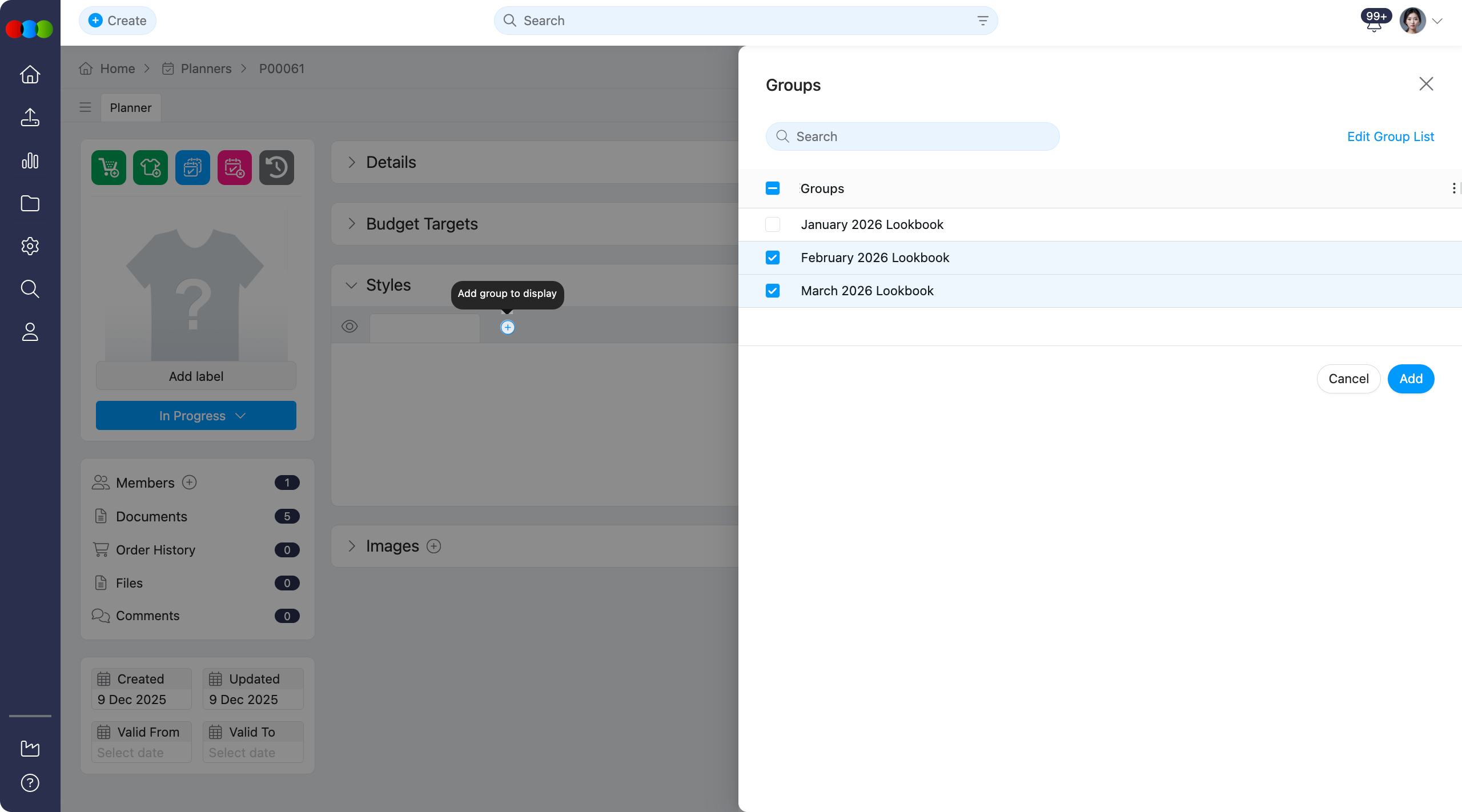 Planner > Styles > Groups Pop-up