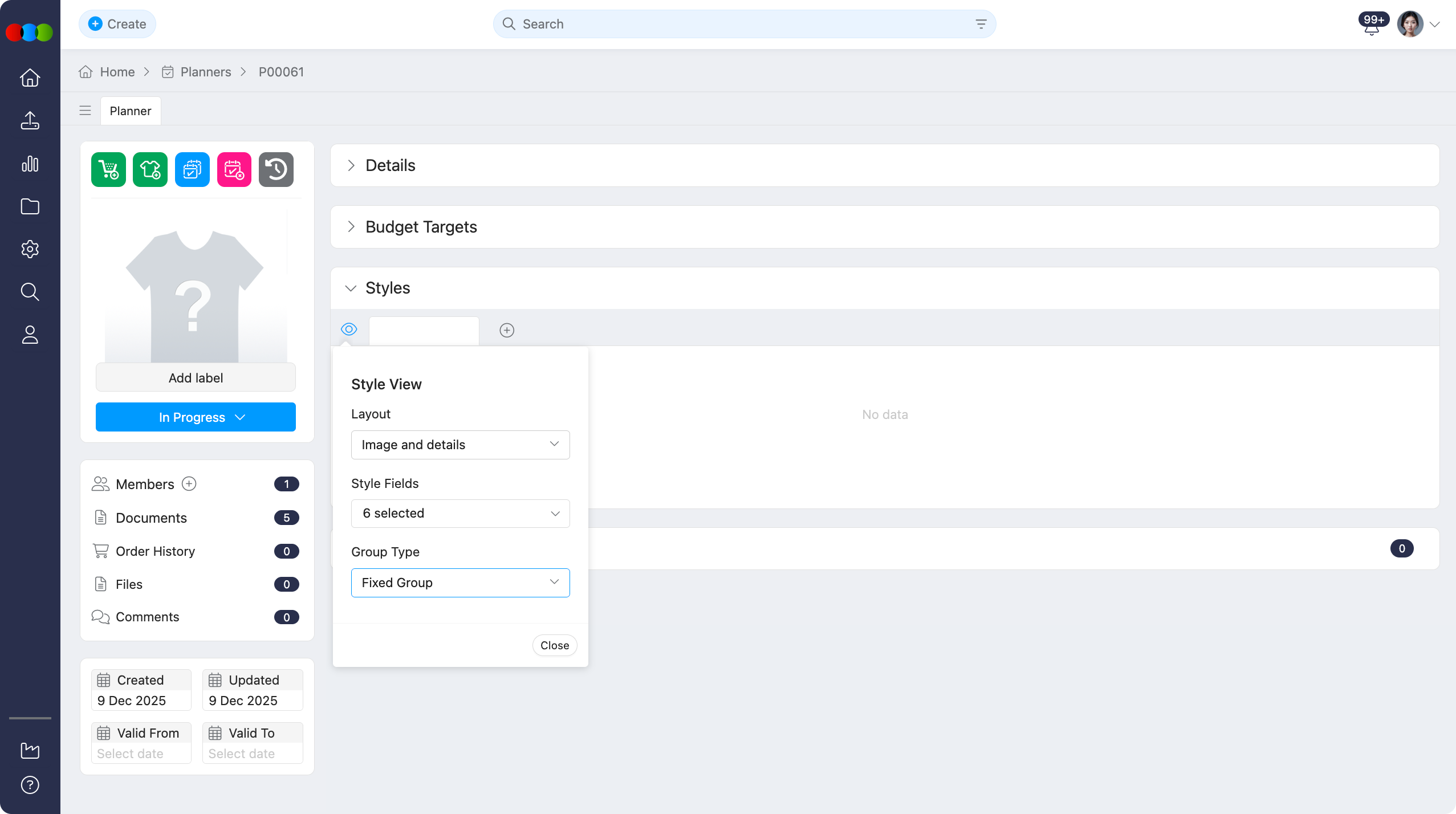 Planner > Styles > Styles View