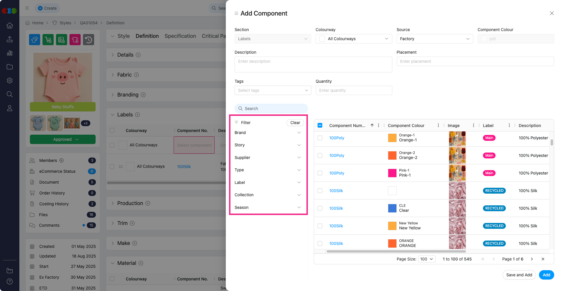 Definition > Add Component Pop-up