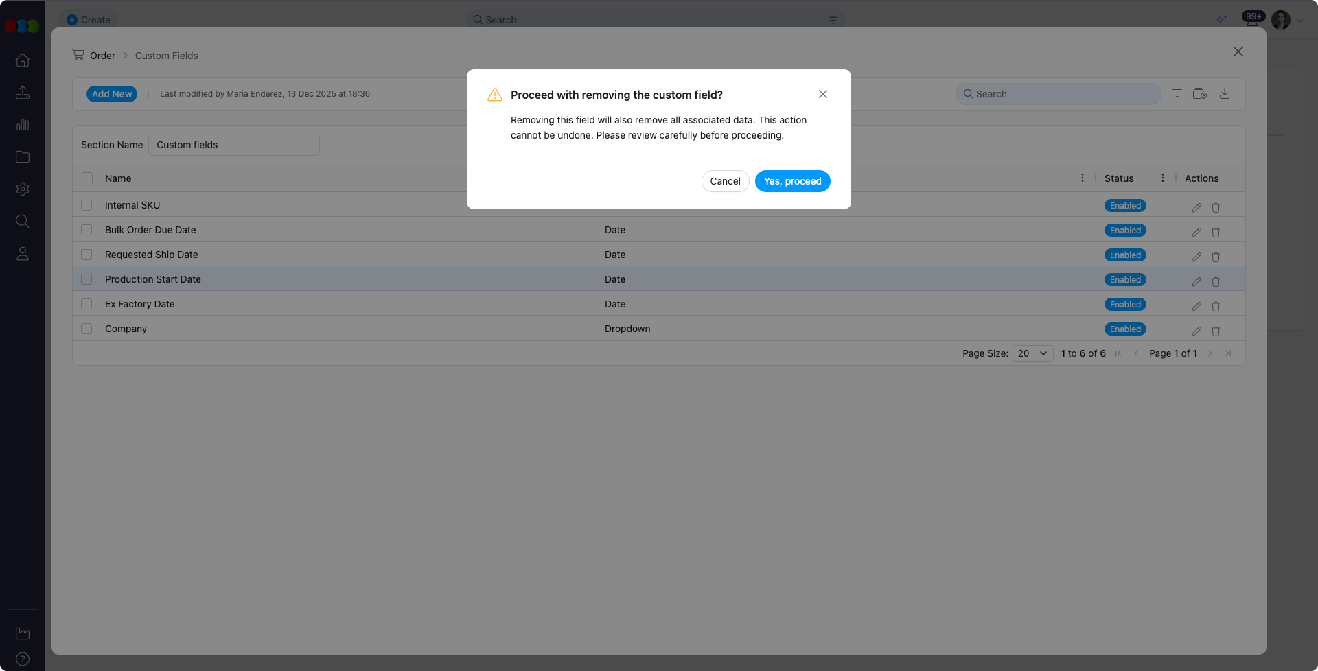 Site Settings > Order > Custom Fields