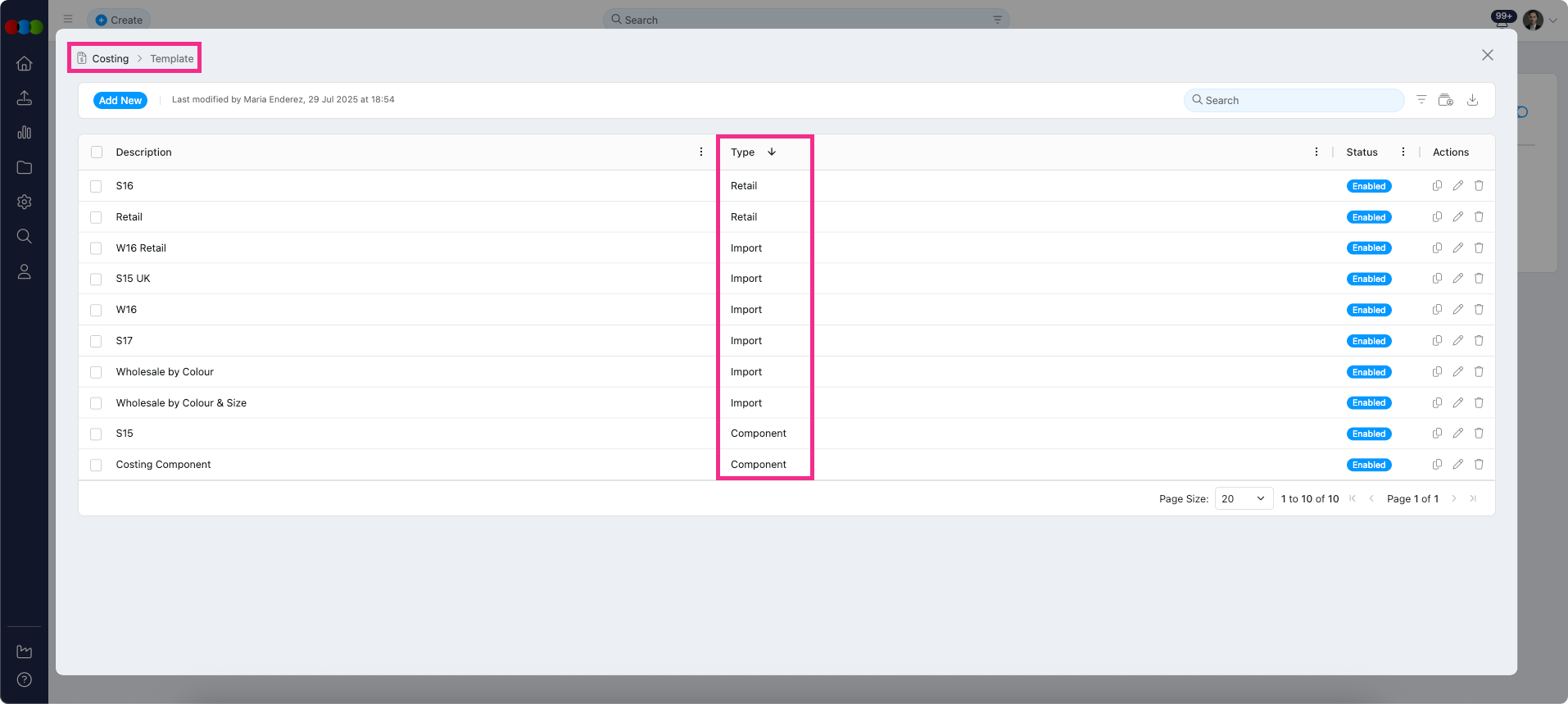 Template > Type Column