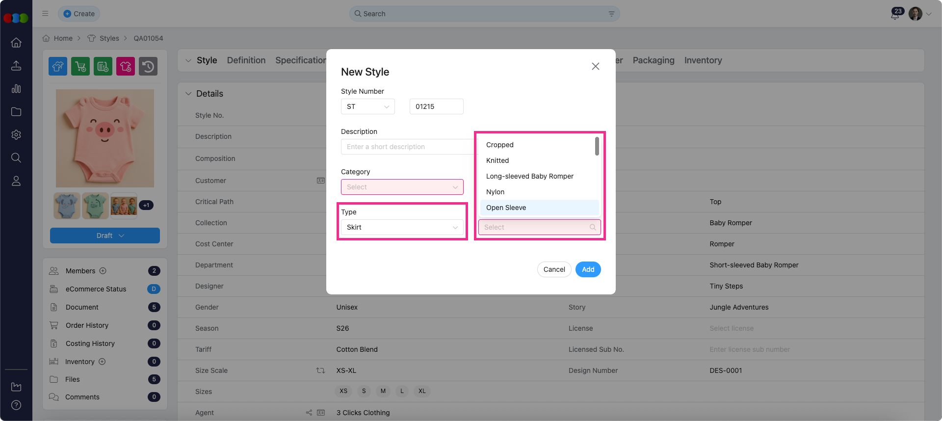 Type and Subtype Dropdown