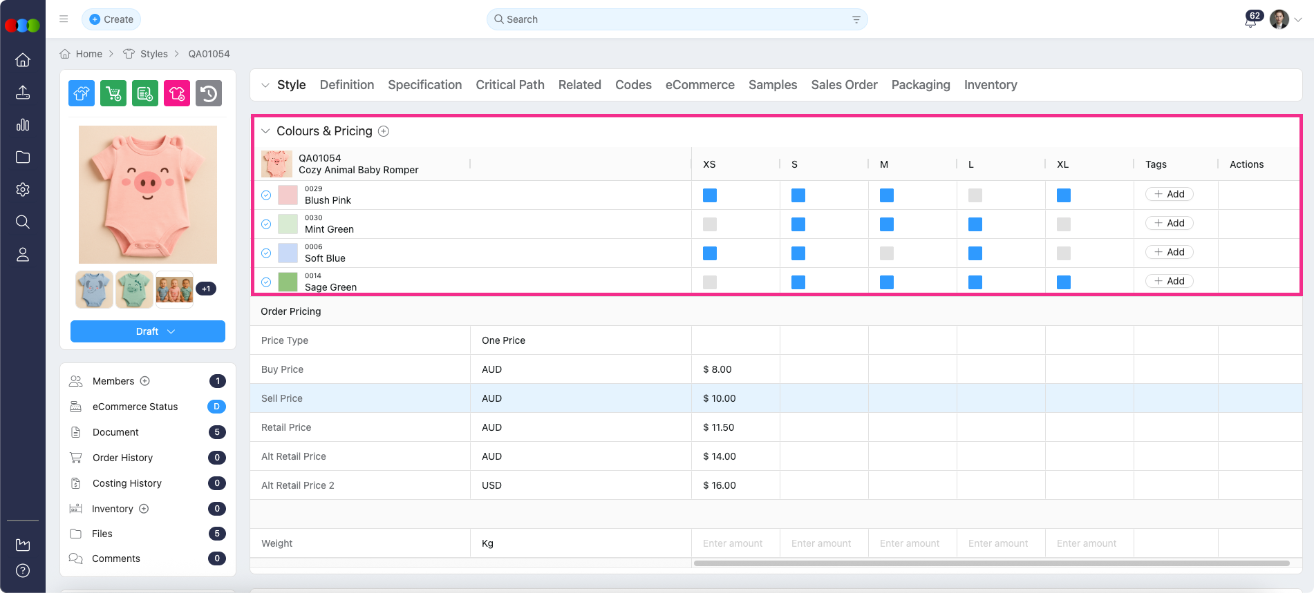 Style > Colours & Pricing