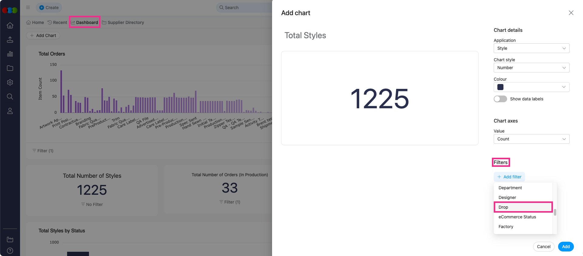 Dashboard > Style > Filter > Drop