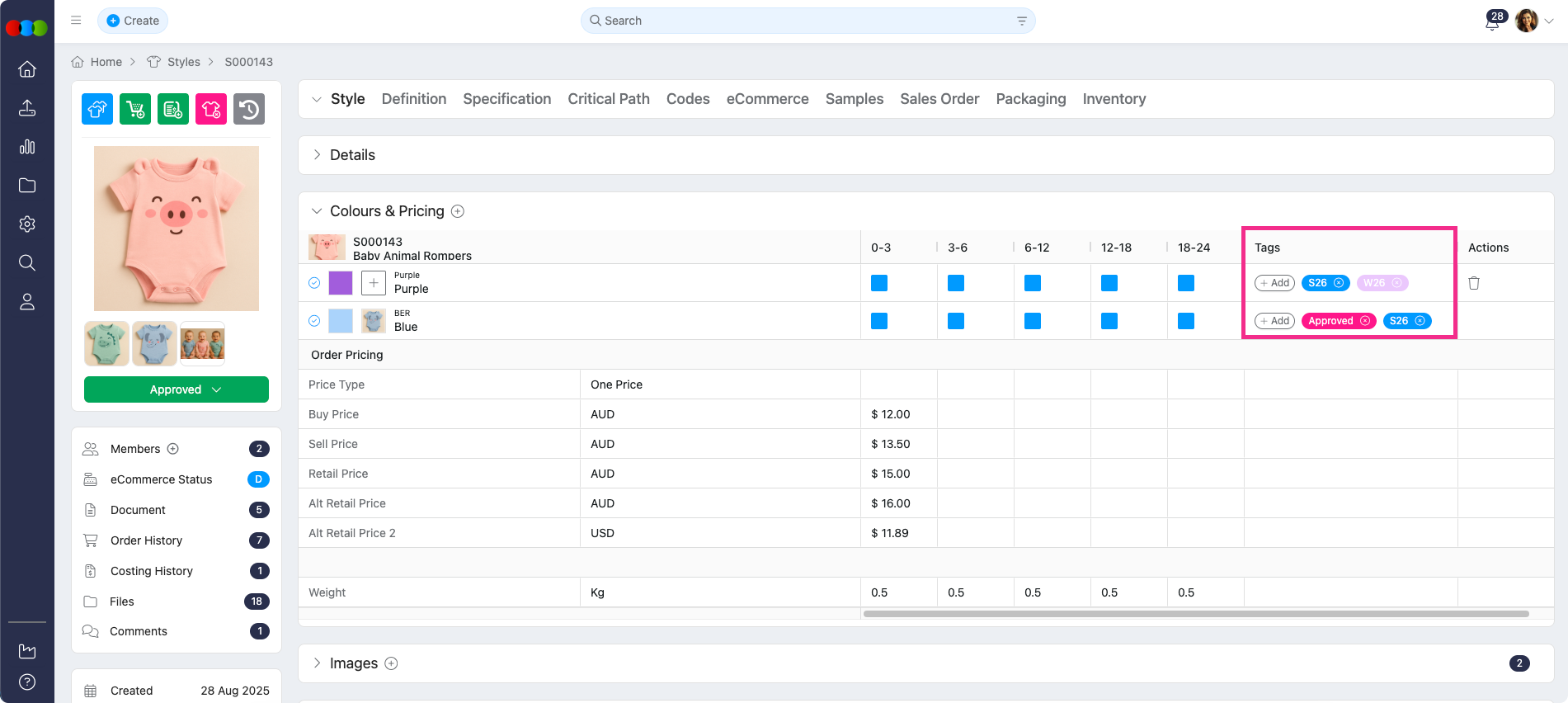 Style > Colours & Pricing > Tags Column