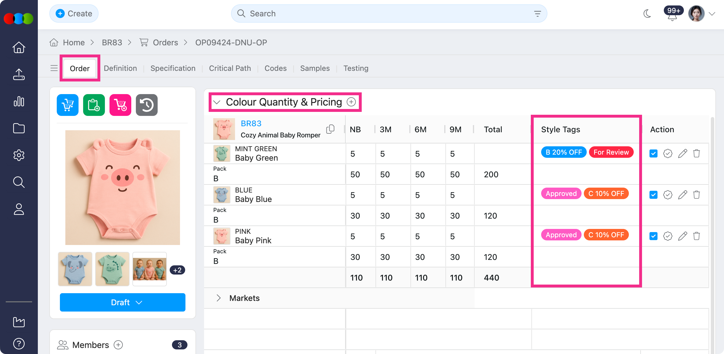 Order > Colour Quantity & Pricing > Style Tags