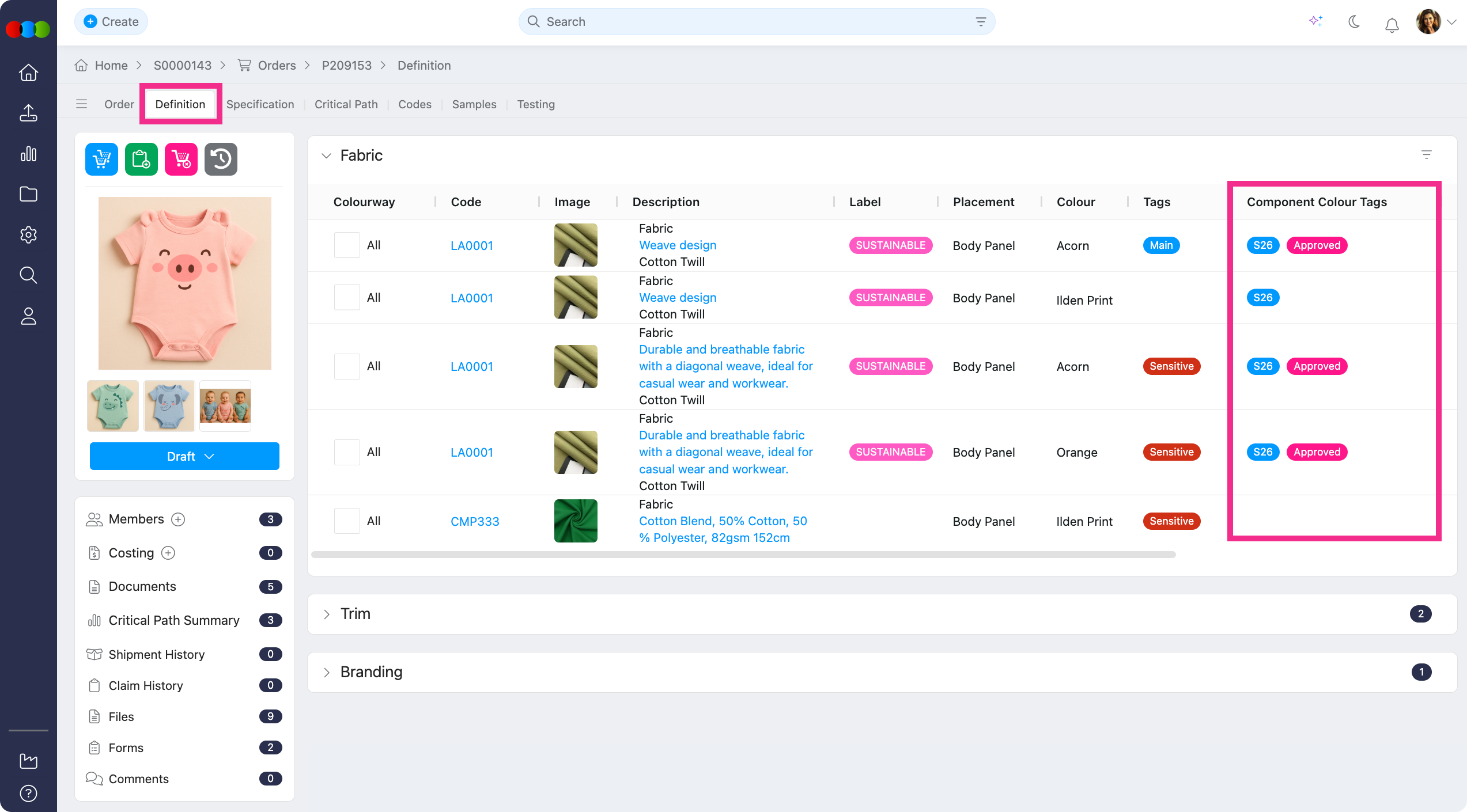 Order > Definition > Component Colourway Tags