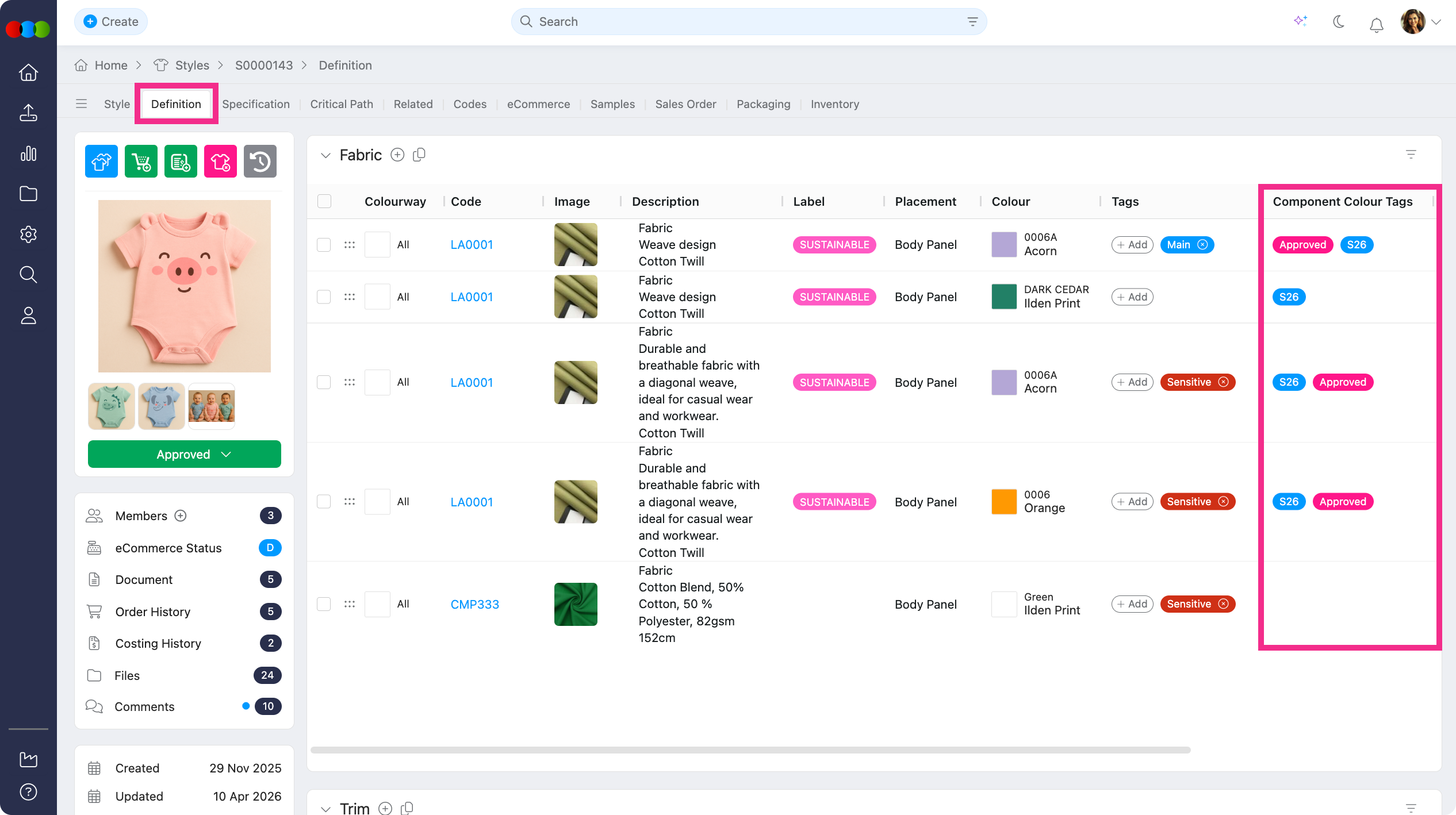 Style > Definition > Component Colourway Tags
