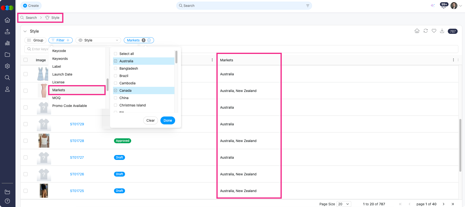 Style Search > Filter > Markets