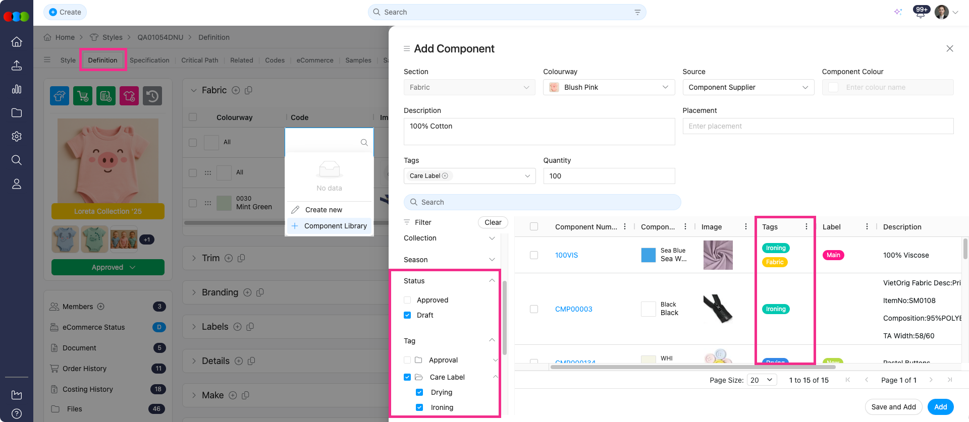 Add Component Pop-up > Status & Tags