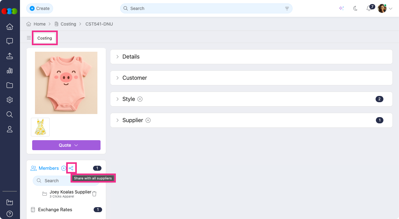 Costing > Members > Share with All Suppliers